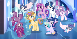 Size: 3120x1576 | Tagged: safe, artist:xxcutecookieswirlsxx, princess cadance, princess flurry heart, shining armor, oc, oc:brighter velvet sparkle, oc:nighting ment, oc:safire eter, oc:star ray, alicorn, pegasus, pony, unicorn, baby, baby pony, base used, magic, magical lesbian spawn, offspring, older, parent:rainbow dash, parent:starlight glimmer, parent:tempest shadow, parent:twilight sparkle, parents:tempestglimmer, parents:twidash