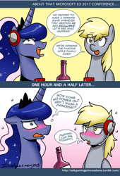 Size: 700x1027 | Tagged: safe, artist:johnjoseco, derpy hooves, princess luna, alicorn, pony, alcohol, ask gaming princess luna, comic, dialogue, drinking game, drunk, e3, speech bubble, underp