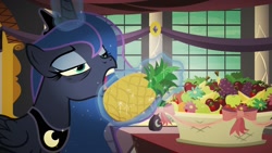 Size: 1920x1080 | Tagged: safe, edit, edited screencap, screencap, princess luna, alicorn, pony, a royal problem, food, pineapple, 🍍