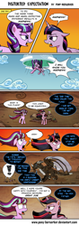 Size: 850x2409 | Tagged: safe, artist:pony-berserker, derpibooru import, spike, starlight glimmer, twilight sparkle, twilight sparkle (alicorn), alicorn, dragon, pony, the cutie re-mark, alternate timeline, annoyed, ashlands timeline, barren, cataclysm, comic, crossover, dialogue, exclamation point, eye contact, female, floppy ears, frown, glare, gritted teeth, i am your father, implied genocide, looking at each other, looking up, male, mare, murozond, nozdormu, open mouth, post-apocalyptic, shocked, smirk, speech bubble, unamused, warcraft, wasteland, wide eyes, windswept mane, world of warcraft