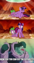 Size: 607x1104 | Tagged: safe, derpibooru import, edit, spike, twilight sparkle, twilight sparkle (alicorn), alicorn, dragon, pony, the cutie re-mark, dragonball z abridged, female, i can see the future, image macro, mare, meme, pun, toolo, twilight sees the future