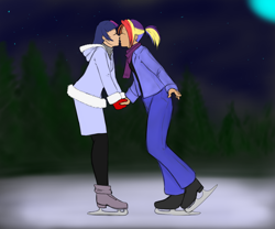 Size: 1280x1067 | Tagged: safe, artist:eve-ashgrove, derpibooru import, rainbow dash, twilight sparkle, human, clothes, coat, female, humanized, ice skates, ice skating, kissing, lesbian, mittens, scarf, shipping, twidash, winter