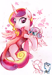 Size: 2409x3437 | Tagged: safe, artist:mashiromiku, princess cadance, princess flurry heart, shining armor, alicorn, pony, unicorn, animal costume, blushing, camera, chinese new year, clothes, costume, cute, female, flurrybetes, mother and child, mother and daughter, parent and child, traditional art, watercolor painting