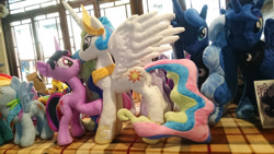 Size: 1200x675 | Tagged: safe, artist:agatrix, artist:nekokevin, artist:whitedove-creations, derpibooru import, princess celestia, princess luna, spitfire, twilight sparkle, boop, female, irl, lesbian, noseboop, photo, plushie, shipping, toy, twilestia