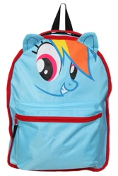Size: 1000x1499 | Tagged: safe, rainbow dash, pegasus, pony, backpack, blue coat, female, hot topic, mare, merchandise, multicolored mane, solo