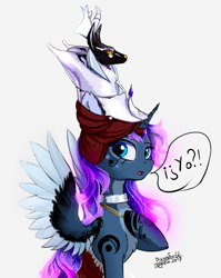 Size: 1280x1606 | Tagged: dead source, safe, artist:discordthege, princess luna, alicorn, pony, anubis, dialogue, egyptian, female, looking at you, mare, open mouth, priestess, raised hoof, signature, simple background, solo, spanish, speech bubble, style emulation