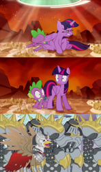 Size: 640x1080 | Tagged: safe, derpibooru import, spike, twilight sparkle, twilight sparkle (alicorn), oc, oc:silver quill, alicorn, dragon, hippogriff, pony, the cutie re-mark, alicorn amulet, armor, exploitable meme, female, mare, meme, non-pony oc, twilight sees the future