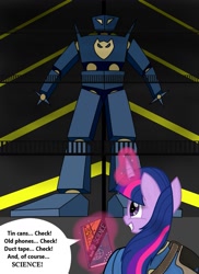 Size: 931x1280 | Tagged: safe, artist:nuka-kitty, derpibooru import, twilight sparkle, pony, robot, semi-anthro, big book of science, bipedal, book, crossover, fallout, funny, jaguar (omf), magic, one must fall 2097, science, smiling, vault suit