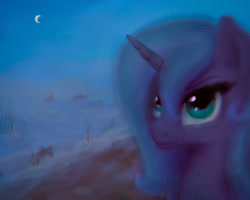 Size: 2014x1612 | Tagged: safe, artist:plotcore, princess luna, alicorn, pony, beautiful, blue, bust, female, mare, moon, night, portrait, s1 luna, solo