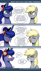 Size: 800x1371 | Tagged: safe, artist:johnjoseco, derpy hooves, princess luna, alicorn, pegasus, pony, ask gaming princess luna, blushing, comic, e3, eyes closed, female, gamer luna, lesbian, lunaderp, mare, shipping, speech bubble