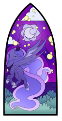 Size: 1024x1999 | Tagged: safe, artist:mindlesssketching, princess luna, alicorn, pony, cloud, eyes closed, horseshoes, moon, simple background, solo, stained glass, stars, transparent background