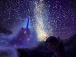 Size: 4000x3000 | Tagged: safe, artist:plotcore, princess luna, twilight sparkle, alicorn, pony, female, galaxy mane, mare, night, stars