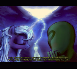 Size: 3947x3547 | Tagged: safe, artist:plotcore, princess luna, oc, oc:anon, alicorn, human, pony, alcohol, blushing, dialogue, eyes closed, female, human male, magic, male, mare, moon, moonshine, subtitles, telekinesis