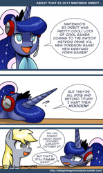 Size: 700x1177 | Tagged: safe, artist:johnjoseco, derpy hooves, princess luna, alicorn, pegasus, pony, ask gaming princess luna, comic, crown, cute, duo, e3, excited, female, gamer luna, headset, jewelry, lunabetes, mare, regalia, smiling