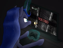 Size: 2635x2020 | Tagged: safe, artist:plotcore, princess luna, alicorn, pony, controller, dark souls, female, gamer luna, levitation, magic, mare, solo, telekinesis, video game, you died