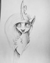 Size: 864x1080 | Tagged: safe, artist:skitsroom, princess cadance, alicorn, pony, bust, chest fluff, curved horn, grayscale, heart, looking up, monochrome, open mouth, simple background, solo, traditional art