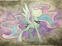 Size: 1024x768 | Tagged: safe, artist:grokostimpy, princess luna, alicorn, pony, colored pencil drawing, glowing eyes, solo, spread wings, traditional art, watercolor painting, wings