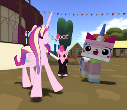 Size: 1220x1058 | Tagged: safe, artist:foxox, pinkie pie, princess cadance, alicorn, pony, 3d, crossover, lego, second life, the lego movie, unikitty