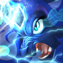 Size: 3300x3300 | Tagged: safe, artist:foxenawolf, princess luna, alicorn, pony, fanfic:piercing the heavens, angry, fanfic art, horn, lighting, lightning, magic, one eye closed, open mouth, realistic teeth, scrunchy face, teeth, tongue out