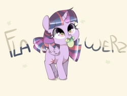 Size: 1600x1200 | Tagged: safe, artist:angelstar063, derpibooru import, twilight sparkle, twilight sparkle (alicorn), alicorn, pony, cute, eating, female, flower, horses doing horse things, mare, nom, simple background, smiling, solo, twiabetes, underhoof