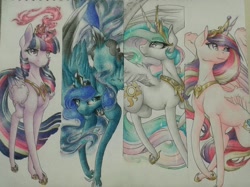 Size: 1844x1376 | Tagged: safe, artist:cloud-dash, princess cadance, princess celestia, princess luna, twilight sparkle, twilight sparkle (alicorn), alicorn, pony, alicorn tetrarchy, crown, jewelry, magic, regalia, traditional art