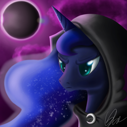 Size: 1500x1500 | Tagged: safe, artist:qbellas, princess luna, alicorn, pony, cloak, clothes, colored pupils, eclipse, female, frown, mare, moon, solo, sun