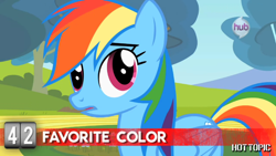 Size: 1280x720 | Tagged: safe, screencap, rainbow dash, pegasus, pony, hot minute, hot topic, hub logo, interview, solo, tree