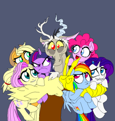 Size: 692x728 | Tagged: safe, artist:terry, derpibooru import, applejack, discord, fluttershy, pinkie pie, rainbow dash, rarity, twilight sparkle, twilight sparkle (alicorn), alicorn, earth pony, pegasus, pony, unicorn, anatomically incorrect, female, group hug, hug, incorrect leg anatomy, mane six, mare, peace sign, terry you magnificent bastard