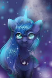 Size: 2000x3000 | Tagged: safe, artist:candyflora, princess luna, alicorn, pony, eye reflection, glowing horn, looking at you, reflection, smiling, solo