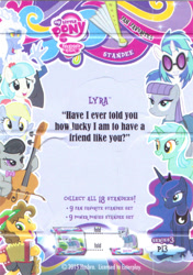 Size: 494x700 | Tagged: safe, cheese sandwich, coco pommel, derpy hooves, discord, dj pon-3, lyra heartstrings, maud pie, octavia melody, princess luna, vinyl scratch, alicorn, earth pony, pony, blue flu, my little pony logo, standee, text