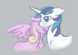 Size: 729x517 | Tagged: safe, artist:srsishere, princess cadance, shining armor, alicorn, pony, unicorn, blushing, female, floppy ears, gray background, male, mare, nuzzling, shiningcadance, shipping, simple background, stallion, straight