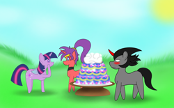 Size: 808x500 | Tagged: safe, artist:franciska1991, derpibooru import, king sombra, twilight sparkle, twilight sparkle (alicorn), alicorn, pony, birthday, birthday cake, cake, female, food, genie, mare, ponified, shantae, shantae (character)