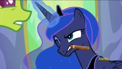 Size: 960x540 | Tagged: safe, edit, edited screencap, screencap, princess luna, thorax, alicorn, changedling, changeling, pony, celestial advice, cigar, discovery family logo, king thorax