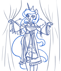 Size: 860x1000 | Tagged: safe, artist:king-kakapo, princess luna, alicorn, anthro, unguligrade anthro, clothes, dress, female, gown, jewelry, mare, monochrome, neo noir, partial color, regalia, sketch, smiling, solo