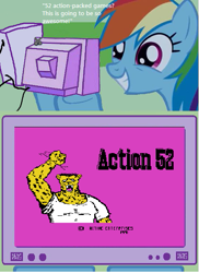 Size: 439x603 | Tagged: safe, rainbow dash, pegasus, pony, action 52, cheetahmen, exploitable meme, meme, this will end in tears, tv meme