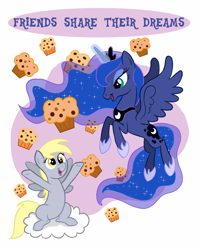 Size: 790x1000 | Tagged: safe, artist:tim-kangaroo, derpy hooves, princess luna, alicorn, pony, cloud, flying, food, magic, muffin, voice actor joke