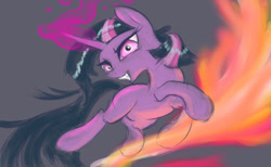 Size: 1024x630 | Tagged: safe, artist:dynamiclines, derpibooru import, twilight sparkle, unicorn twilight, unicorn, crazy face, faic, fire, gray background, magic, simple background, solo