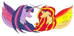 Size: 2287x1115 | Tagged: safe, artist:odiz, derpibooru import, sunset shimmer, twilight sparkle, twilight sparkle (alicorn), alicorn, pony, alicornified, race swap, shimmercorn