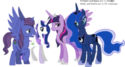 Size: 1861x998 | Tagged: safe, artist:dlazerous, artist:etonyoc, artist:kishmond, artist:larsurus, artist:misterlolrus, artist:moongazeponies, artist:relaxingonthemoon, artist:sirleandrea, edit, princess luna, twilight sparkle, twilight sparkle (alicorn), oc, oc:dawn sparkle, oc:dusk, alicorn, pony, ethereal mane, family, female, hilarious in hindsight, lesbian, magical lesbian spawn, male, mare, offspring, parent:princess luna, parent:twilight sparkle, parents:twiluna, shipping, simple background, stallion, starry mane, transparent background, twiluna, ultimate twilight, vector, vector edit