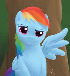 Size: 1000x1080 | Tagged: dead source, safe, artist:a6p, rainbow dash, pegasus, pony, female, forest, mare, signature, smiling, solo, spread wings, tree, wings