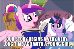 Size: 749x500 | Tagged: safe, princess cadance, twilight sparkle, unicorn twilight, alicorn, pony, unicorn, bed, bedtime story, blanket, book, bow, cadance's bedtime stories, chair, detailed background, duo, duo female, exploitable meme, female, females only, filly, filly twilight sparkle, hair bow, hoof hold, horn, looking at each other, looking up, meme, multicolored mane, open mouth, pillow, pink coat, pink wings, purple coat, purple eyes, sitting, smiling, spread wings, super mario bros., super mario galaxy, text, wings, younger