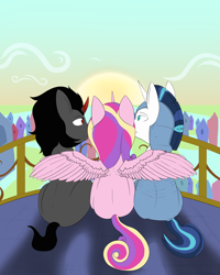 Size: 4000x5000 | Tagged: safe, alternate version, artist:shadikbitardik, king sombra, princess cadance, shining armor, alicorn, pony, unicorn, bisexual, cadance gets all the stallions, cover art, crystal empire, fanfic, fanfic art, female, gay, male, polyamory, shiningcadance, shiningsombra, shiningsomdance, shipping, somdance, straight