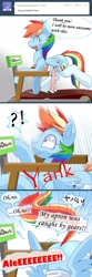 Size: 639x1920 | Tagged: safe, artist:oze, rainbow dash, pegasus, pony, apron, ask, blushing, clothes, comic, rainbow shy dash, socks, solo, treadmill, tumblr