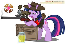 Size: 1622x1131 | Tagged: safe, artist:nikkikitty44, derpibooru import, twilight sparkle, pony, unicorn, crossover, cutie mark, female, gun, hat, hooves, horn, jar, jarate, mare, open mouth, optical sight, pee in container, rifle, simple background, sniper, sniper rifle, solo, team fortress 2, text, transparent background, twilight sniper, urine, vector, weapon