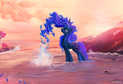 Size: 2500x1705 | Tagged: safe, artist:1deathpony1, artist:kp-shadowsquirrel, color edit, edit, princess luna, alicorn, pony, color porn, colored, ethereal mane, solo, splash, water