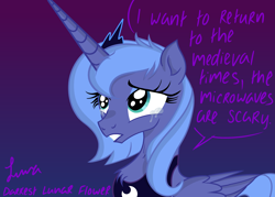 Size: 4823x3445 | Tagged: safe, artist:darkest-lunar-flower, princess luna, alicorn, pony, absurd resolution, chest fluff, crying, eyelashes, female, fluffy, frown, gradient background, gritted teeth, looking up, mare, medieval, on the moon for too long, s1 luna, sad, scared, solo, text