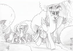 Size: 2452x1720 | Tagged: safe, artist:saturdaymorningproj, derpibooru import, fluttershy, twilight sparkle, twilight sparkle (alicorn), alicorn, pegasus, pony, the hooffields and mccolts, female, forest, grayscale, gritted teeth, happy, mare, monochrome, saddle bag, scene interpretation, traditional art