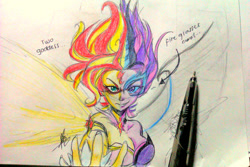 Size: 1280x853 | Tagged: safe, artist:aizy-boy, derpibooru import, midnight sparkle, sci-twi, sunset shimmer, twilight sparkle, equestria girls, friendship games, cleavage, daydream shimmer, duality, female, pen, traditional art