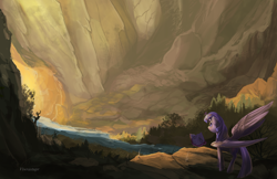 Size: 2000x1294 | Tagged: safe, artist:viwrastupr, derpibooru import, twilight sparkle, twilight sparkle (alicorn), alicorn, pony, book, female, magic, mare, scenery, solo, telekinesis