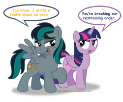 Size: 1024x845 | Tagged: safe, artist:aleximusprime, derpibooru import, twilight sparkle, twilight sparkle (alicorn), oc, oc:blackgryph0n, alicorn, pony, blackgryph0n, female, flirting, funny, mare, restraining order, shipping, shipping denied, simple background, this will not end well, transparent background, twigryph